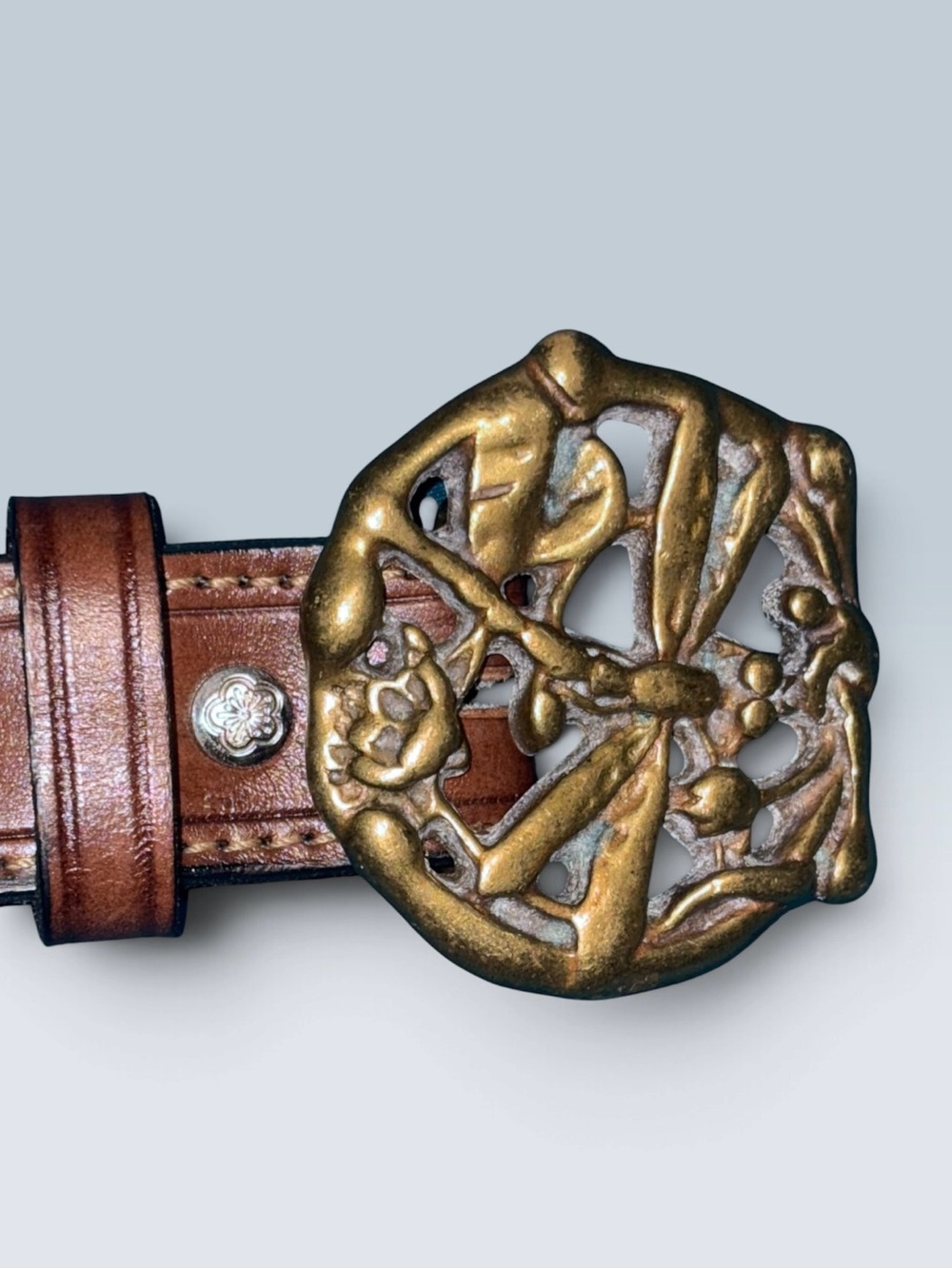 Artisan Custom Leather Belt Brass Dragonfly Buckle Size 42/XL